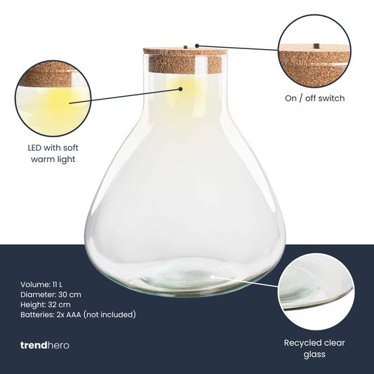 Leeres Flaschengarten-Glas „Sam XL“ mit Korken und LED-Korken, 32 × 30 cm – Produktansicht