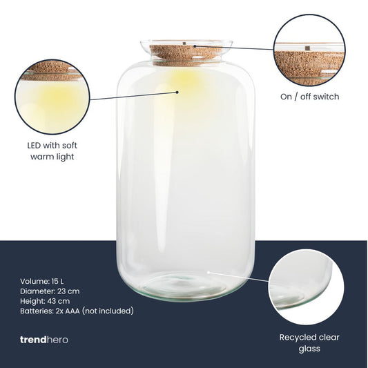 Leeres Flaschengarten-Glas „Sven XXL“ mit LED-Korken, 43 × 23 cm – Produktansicht