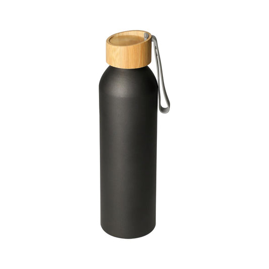 Aluminium Trinkflasche 0,6 l mit Bambusdeckel - schwarz matt
