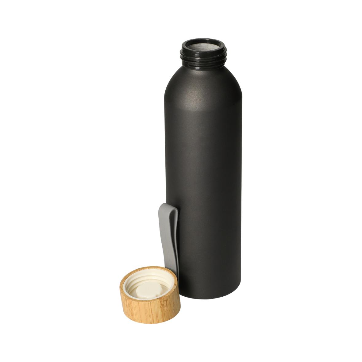 Aluminium Trinkflasche 0,6 l mit Bambusdeckel - schwarz einwandig