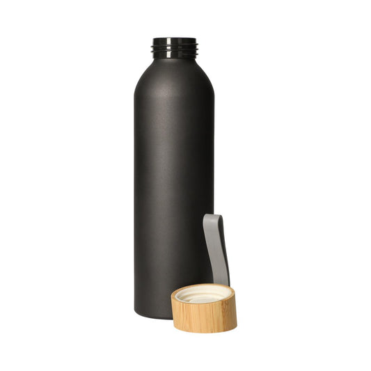 Aluminium Trinkflasche 0,6 l mit Bambusdeckel - schwarz