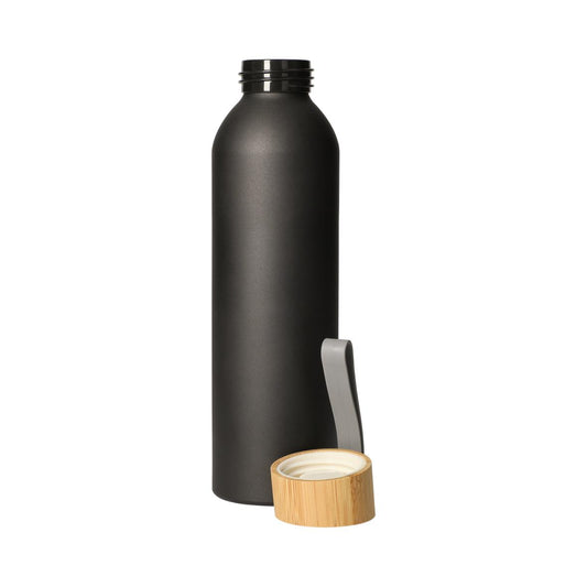 Aluminium Trinkflasche 0,6 l mit Bambusdeckel - schwarz - elasto