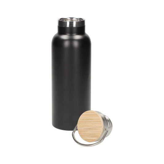 Trinkflasche Edelstahl schwarz mit Bambus Holz-Deckel 0,5l