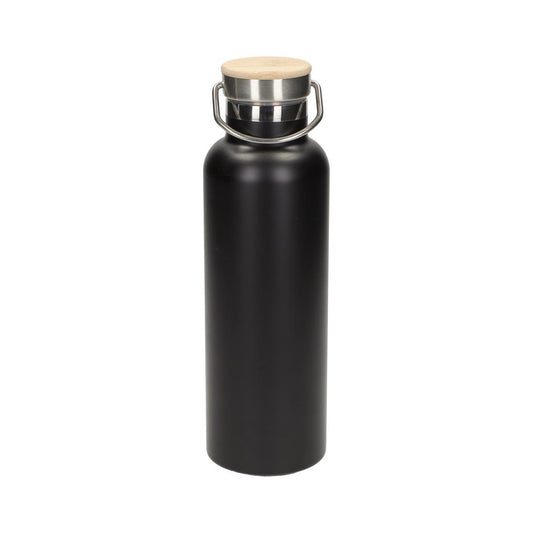 Edelstahl Trinkflasche doppelwandig 0,7 l - schwarz mit Bambusdeckel