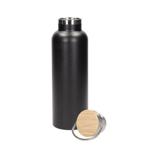 Edelstahl Trinkflasche doppelwandig 0,7 l - schwarz mit Bambusdeckel Urban Camping