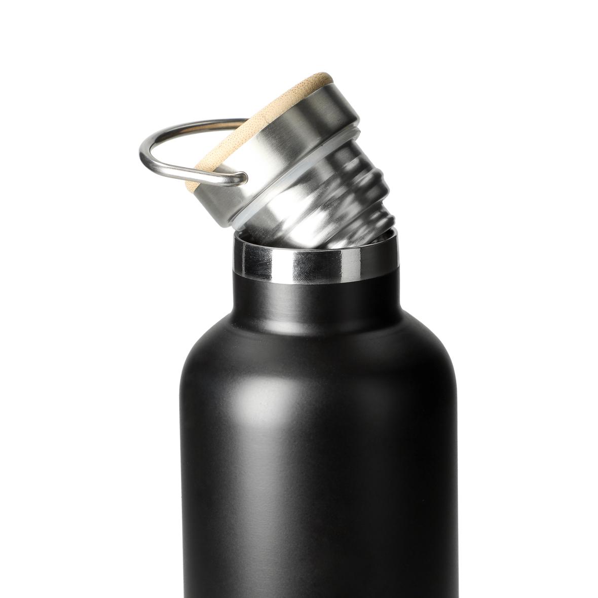 Edelstahl Trinkflasche doppelwandig 0,7 l - schwarz mit Bambusdeckel