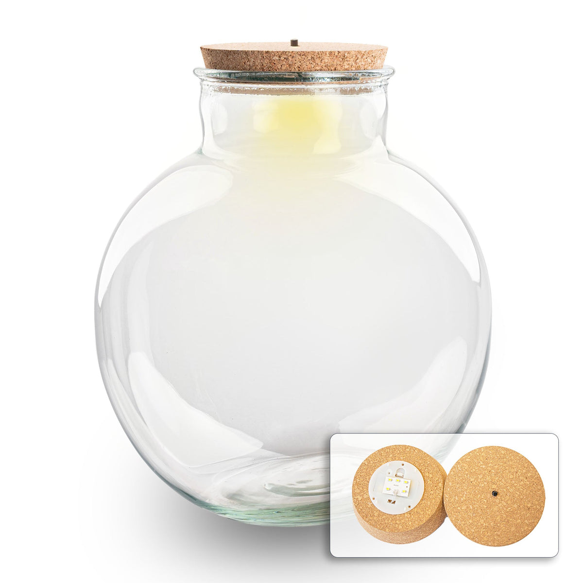 Leeres Flaschengarten-Glas „Bolder Bob“ mit LED-Korken, 31 × 30 cm – mit eingeschaltetem LED-Korken, Ansicht 2
