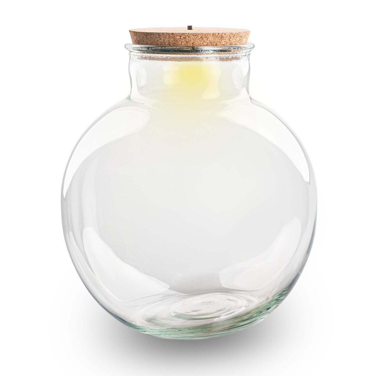 Leeres Flaschengarten-Glas „Bolder Bob“ mit LED-Korken, 31 × 30 cm – mit eingeschaltetem LED-Korken