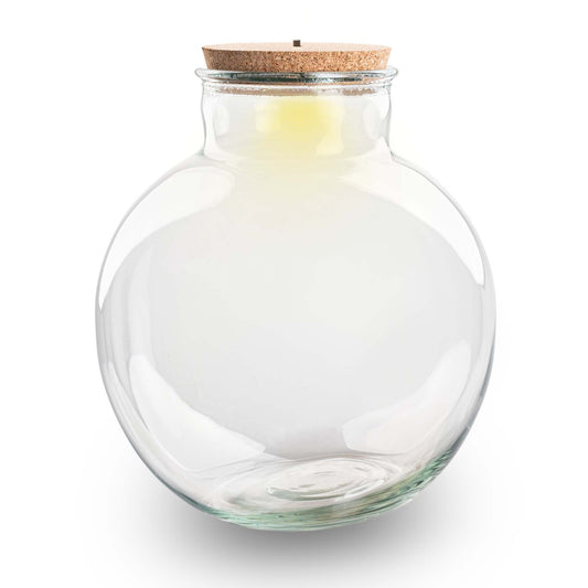 Leeres Flaschengarten-Glas „Bolder Bob“ mit LED-Korken, 31 × 30 cm – mit eingeschaltetem LED-Korken