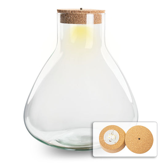 Leeres Flaschengarten-Glas „Sam XL“ mit Korken und LED-Korken, 32 × 30 cm – mit eingeschaltetem LED-Korken